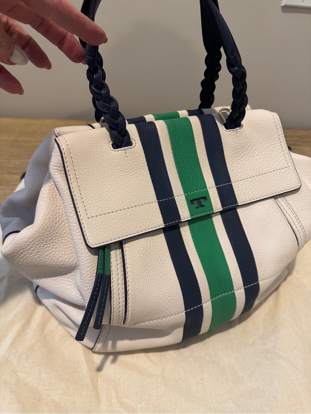 Tory Burch White Leather Shoulder Bag with Navy & Green Stripes